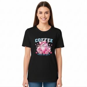Black T-Shirt with Coffee and Roses Design